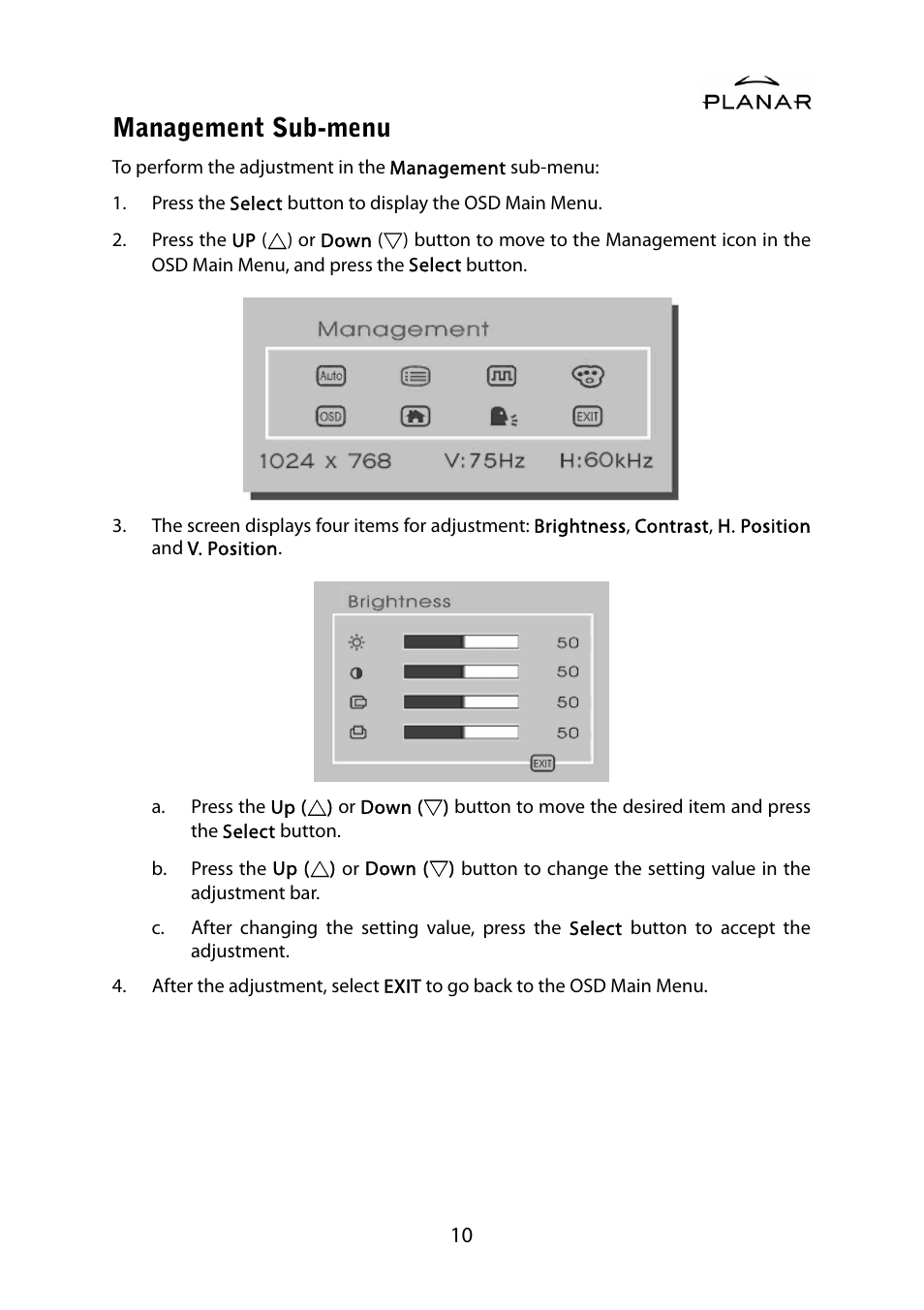 Management sub-menu | Planar PL1500M User Manual | Page 13 / 28