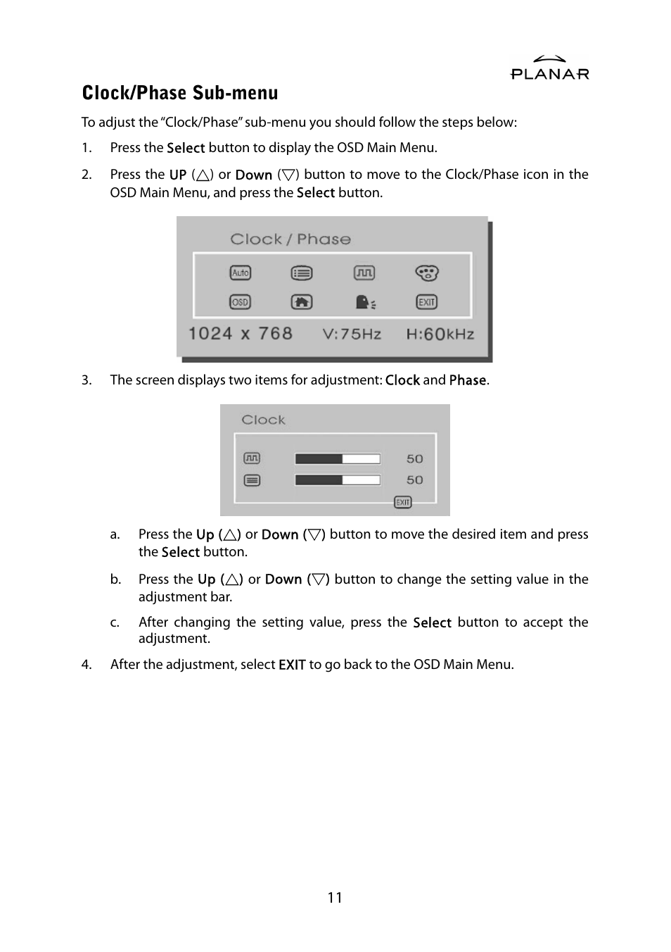 Clock/phase sub-menu | Planar PL1500M User Manual | Page 14 / 28