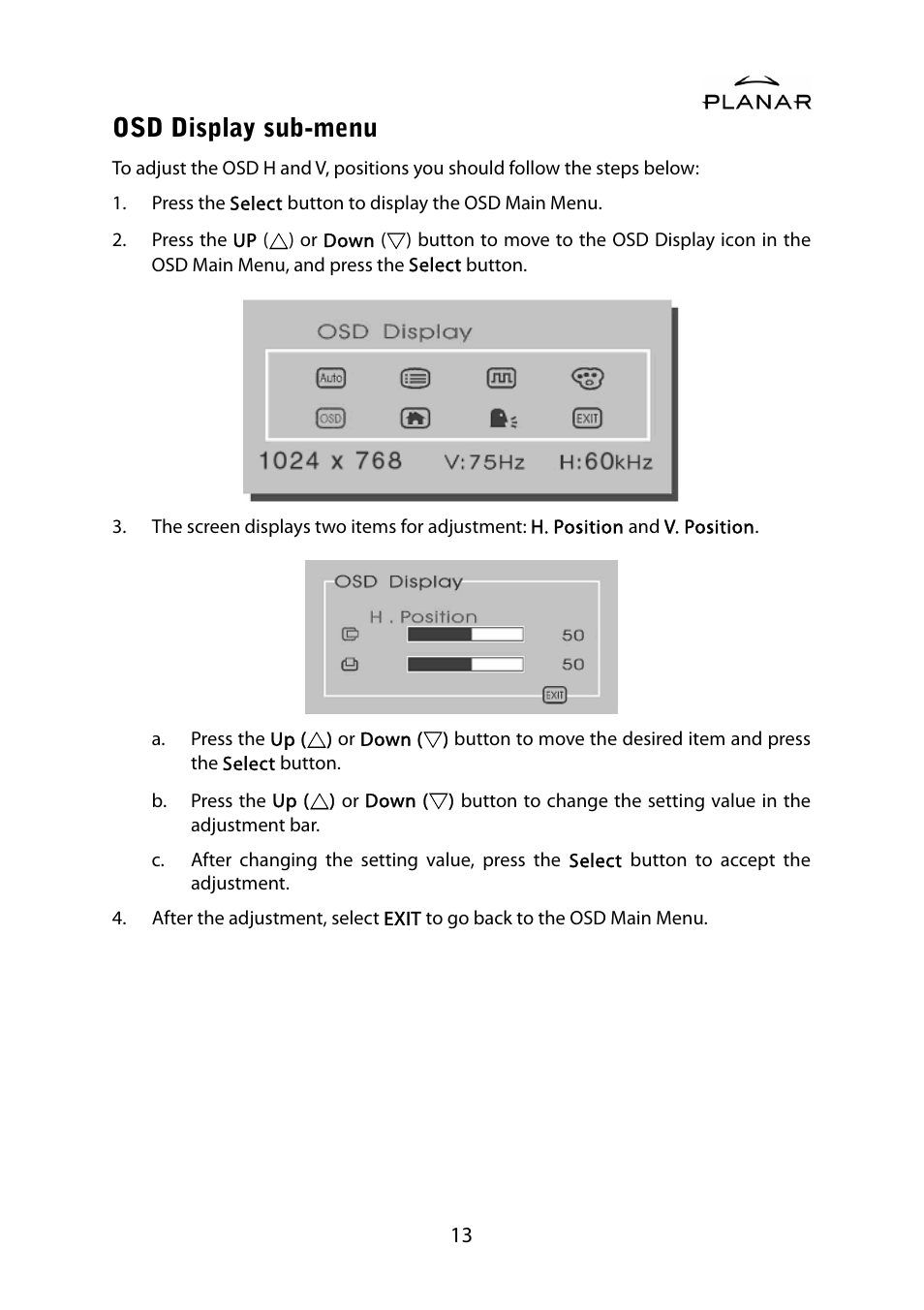Osd display sub-menu | Planar PL1500M User Manual | Page 16 / 28
