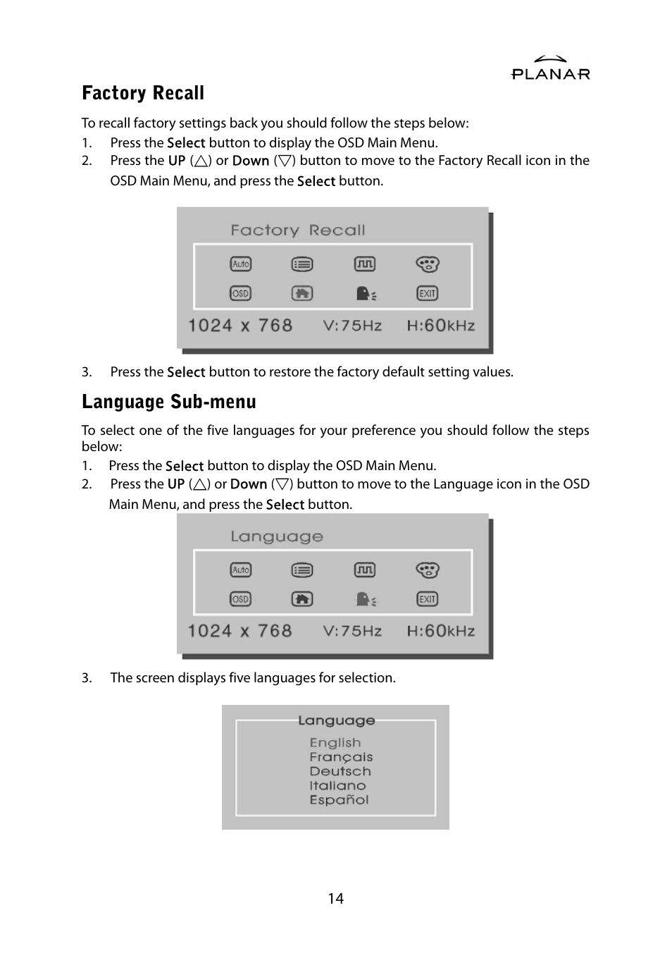 Factory recall, Language sub-menu | Planar PL1500M User Manual | Page 17 / 28