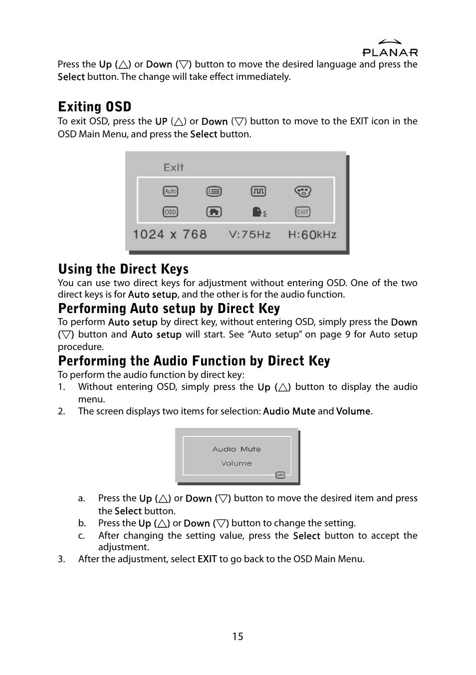 Exiting osd, Using the direct keys, Performing auto setup by direct key | Performing the audio function by direct key | Planar PL1500M User Manual | Page 18 / 28