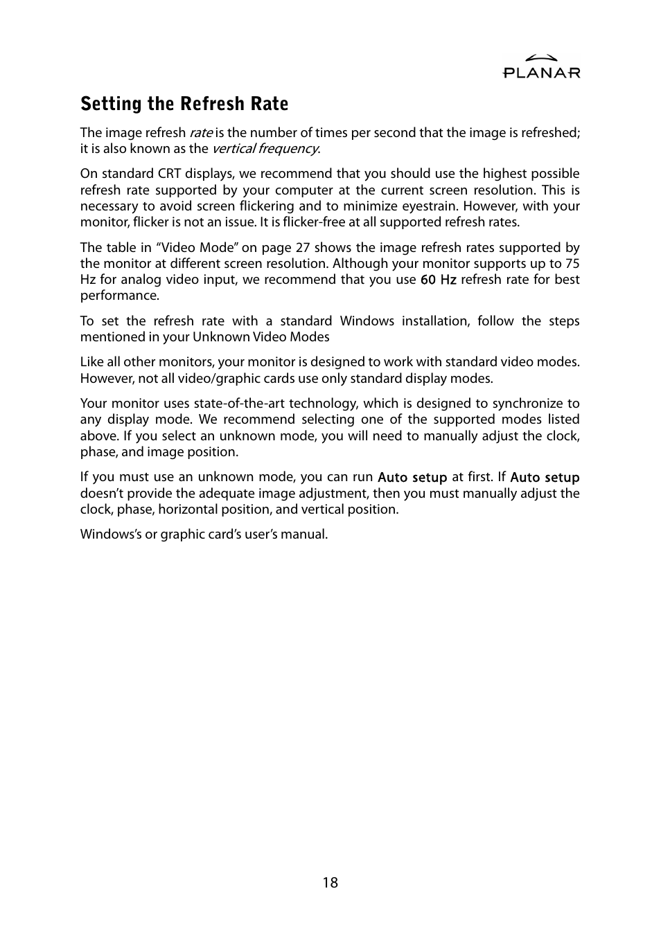 Setting the refresh rate | Planar PL1500M User Manual | Page 21 / 28