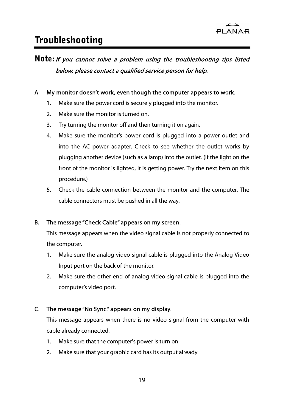 Troubleshooting | Planar PL1500M User Manual | Page 22 / 28