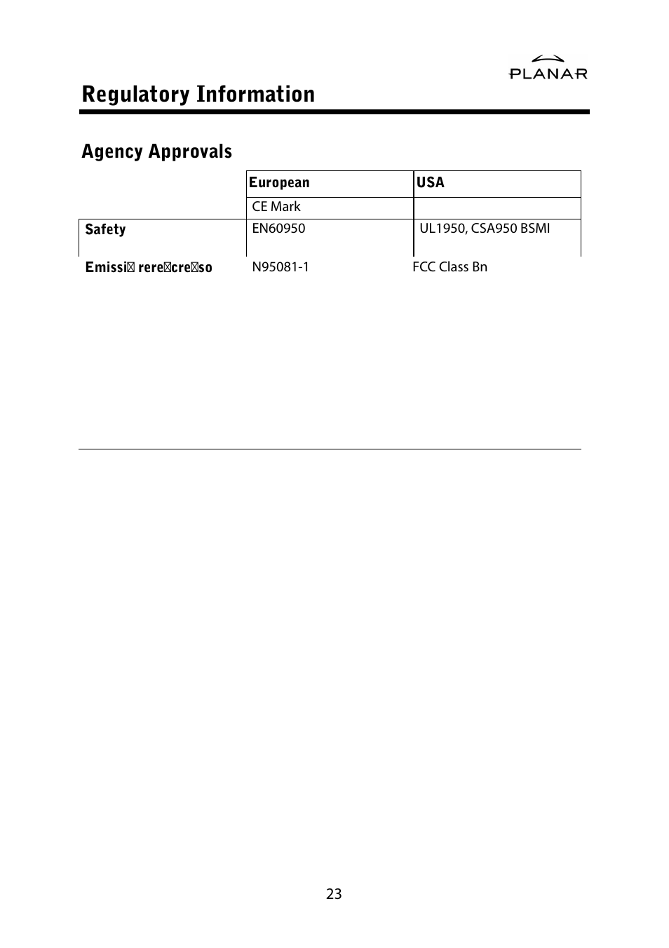 Regulatory information, Agency approvals | Planar PL1500M User Manual | Page 26 / 28