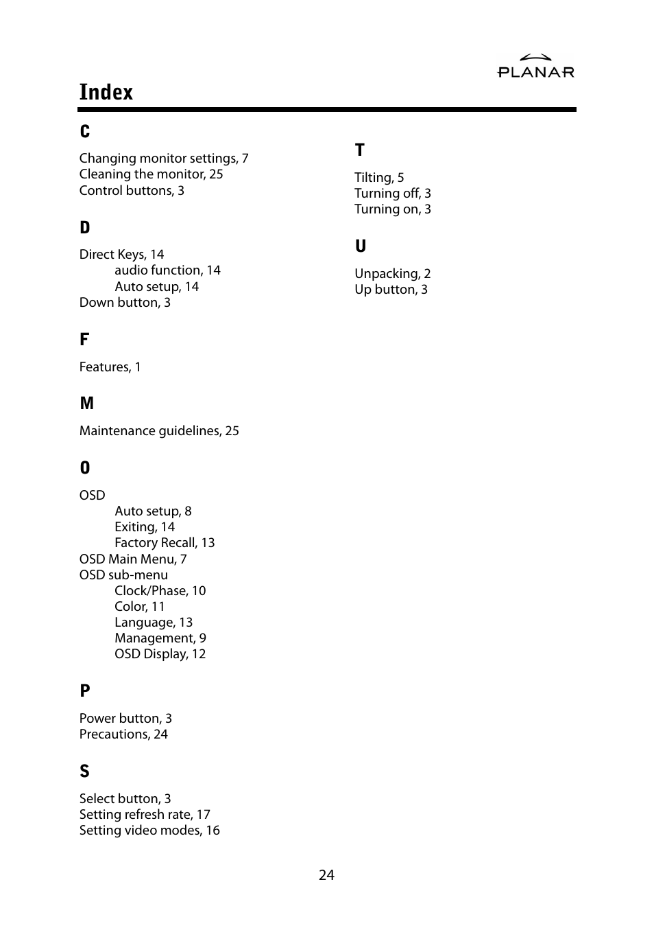 Index | Planar PL1500M User Manual | Page 27 / 28