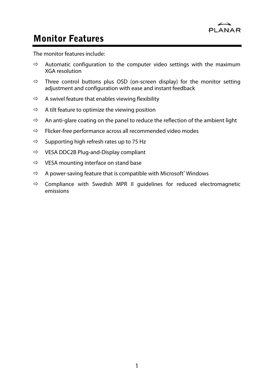 Monitor features | Planar PL1500M User Manual | Page 4 / 28