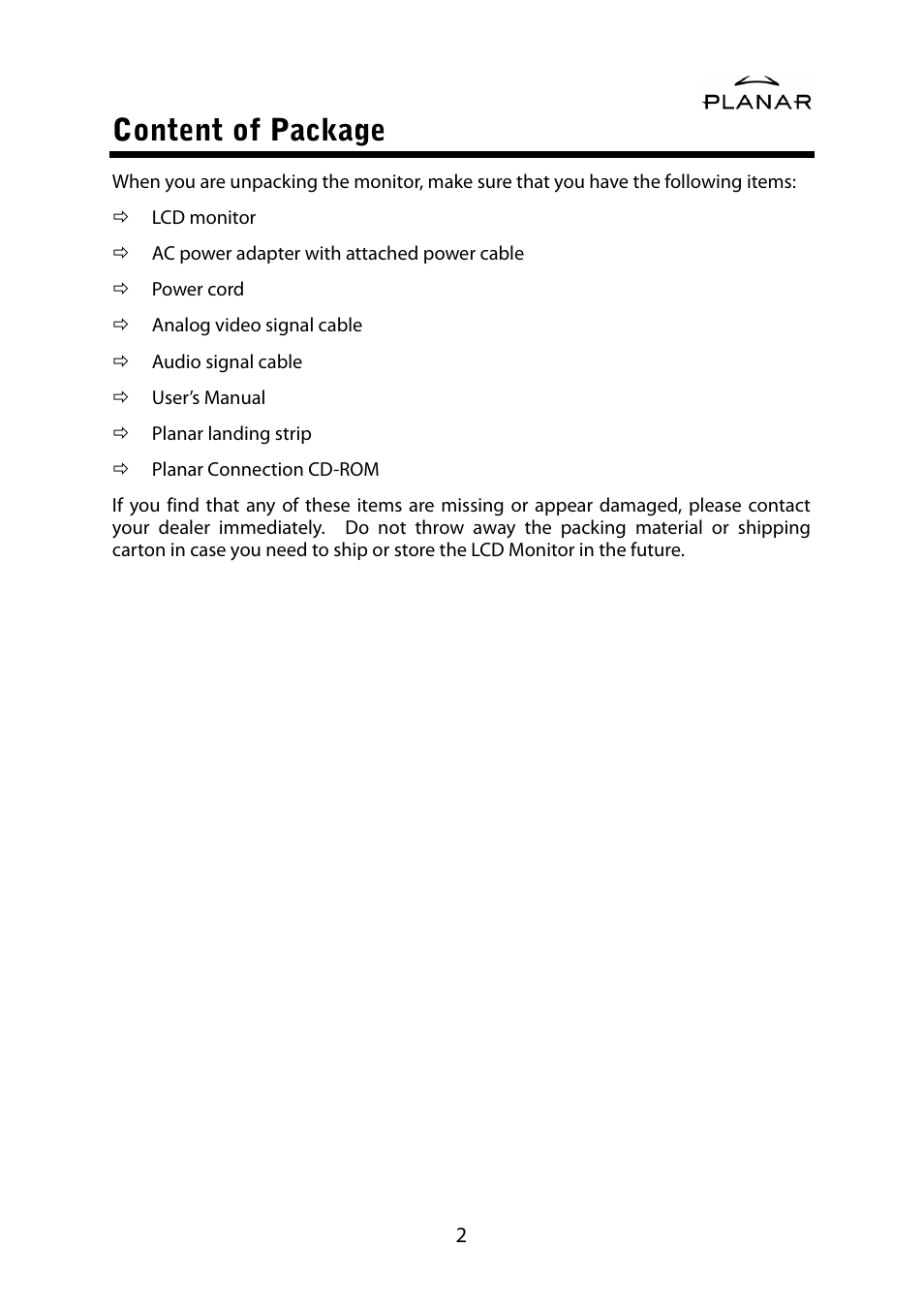 Content of package | Planar PL1500M User Manual | Page 5 / 28