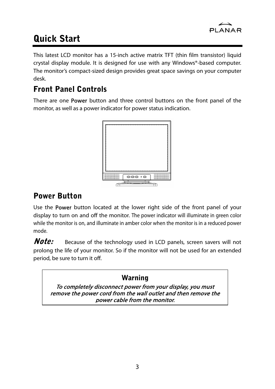 Quick start, Front panel controls, Power button | Planar PL1500M User Manual | Page 6 / 28