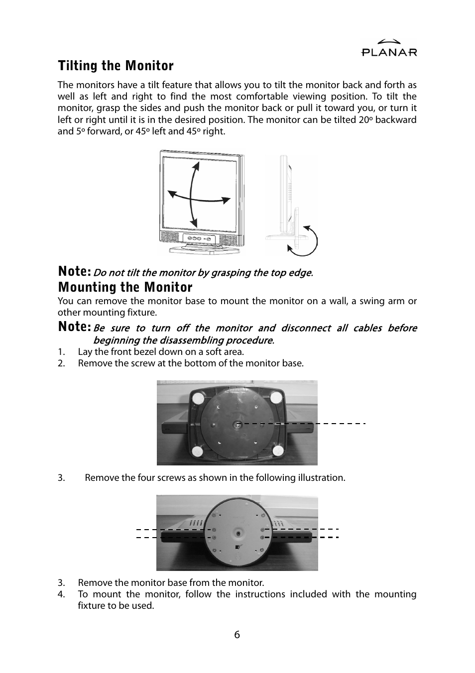 Tilting the monitor, Mounting the monitor | Planar PL1500M User Manual | Page 9 / 28