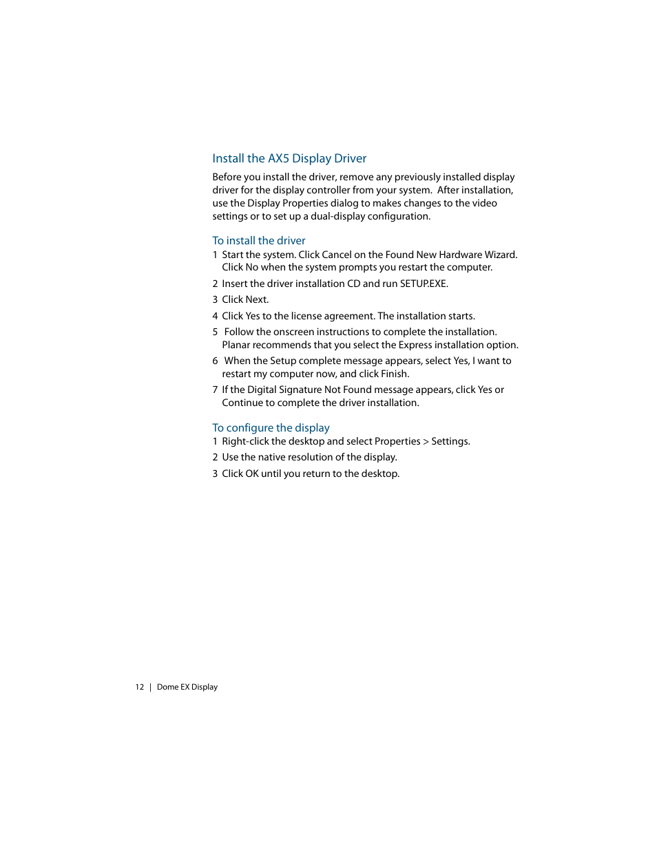 Install the ax5 display driver, To install the driver, To configure the display | Planar Dome EX User Manual | Page 22 / 60