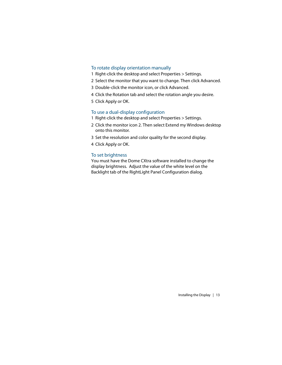 To rotate display orientation, To use a dual-display configuration, To set brightness | Planar Dome EX User Manual | Page 23 / 60