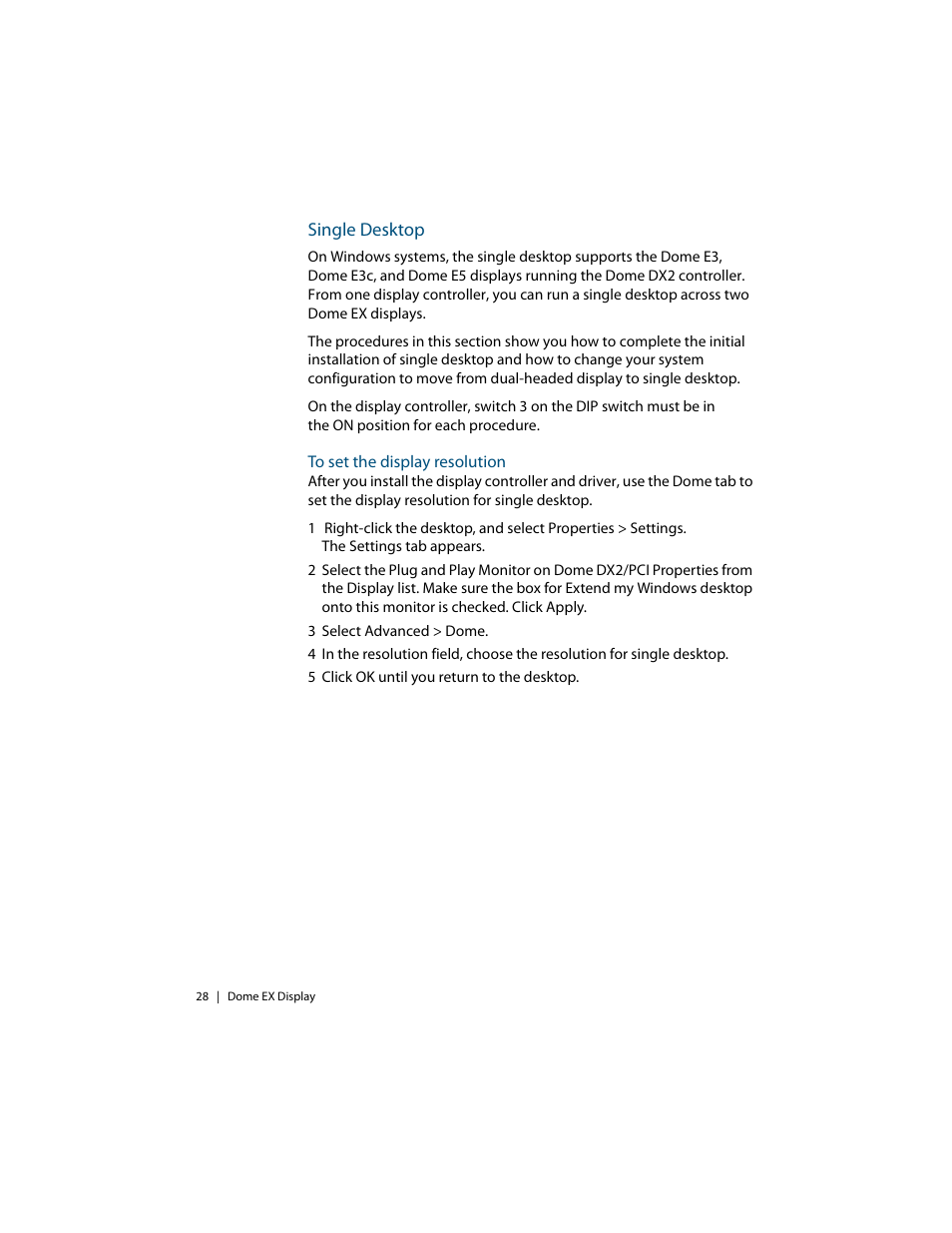 Single desktop, To set the display resolution | Planar Dome EX User Manual | Page 38 / 60