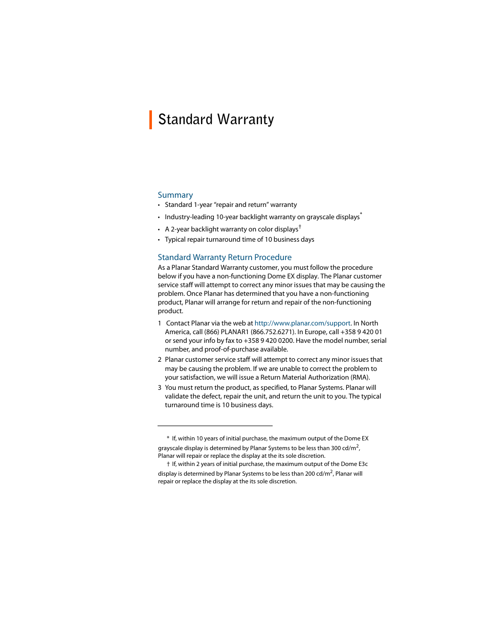 Standard warranty | Planar Dome EX User Manual | Page 57 / 60