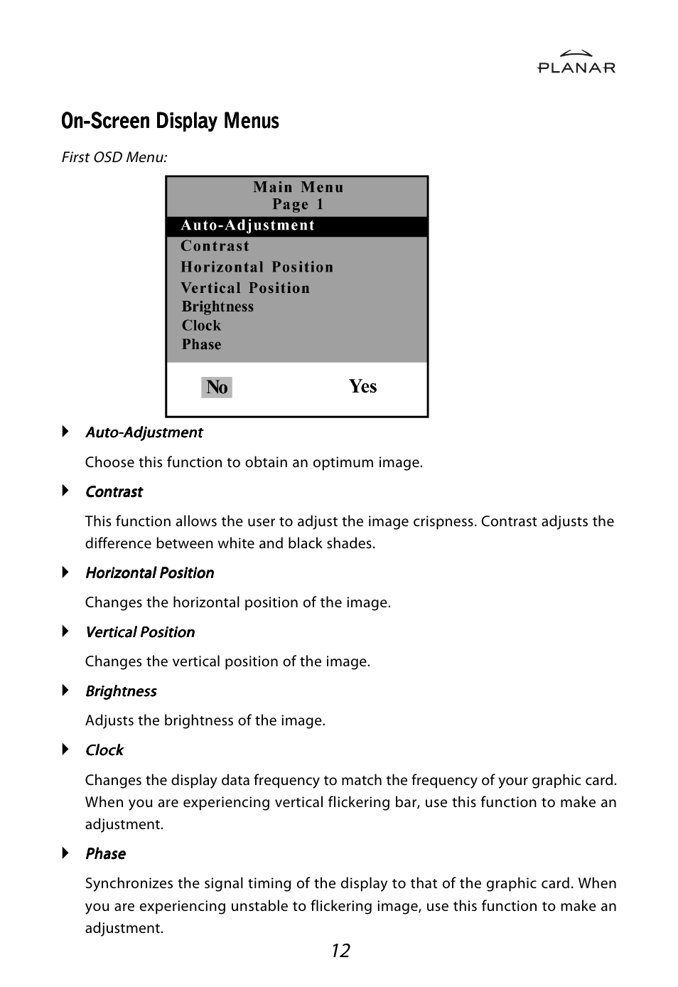 On-screen display menus | Planar LA1710RTR User Manual | Page 15 / 26