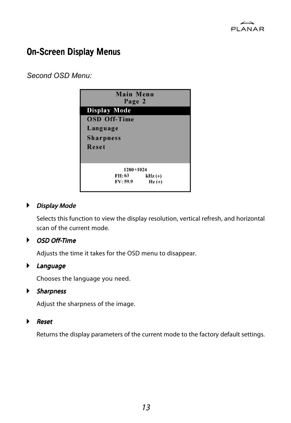 On-screen display menus | Planar LA1710RTR User Manual | Page 16 / 26