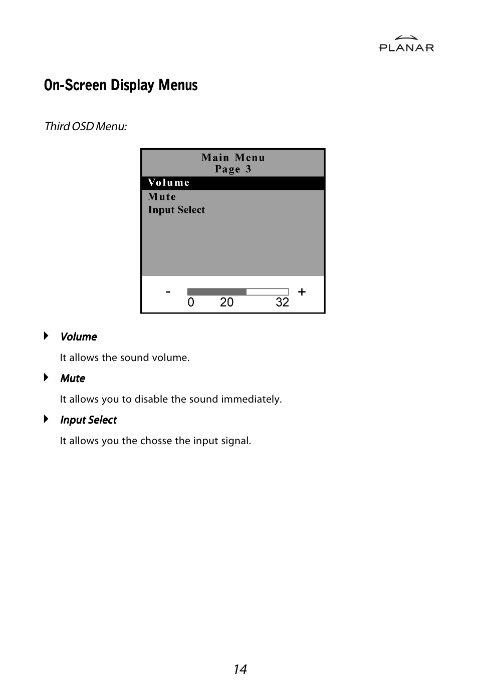 On-screen display menus | Planar LA1710RTR User Manual | Page 17 / 26