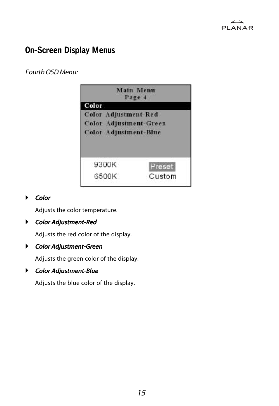 On-screen display menus | Planar LA1710RTR User Manual | Page 18 / 26