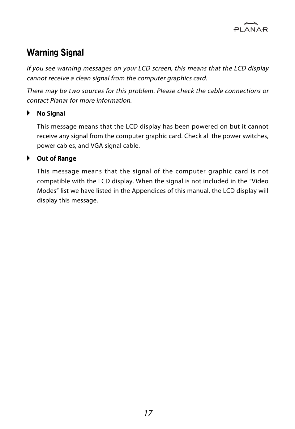 Warning signal | Planar LA1710RTR User Manual | Page 20 / 26