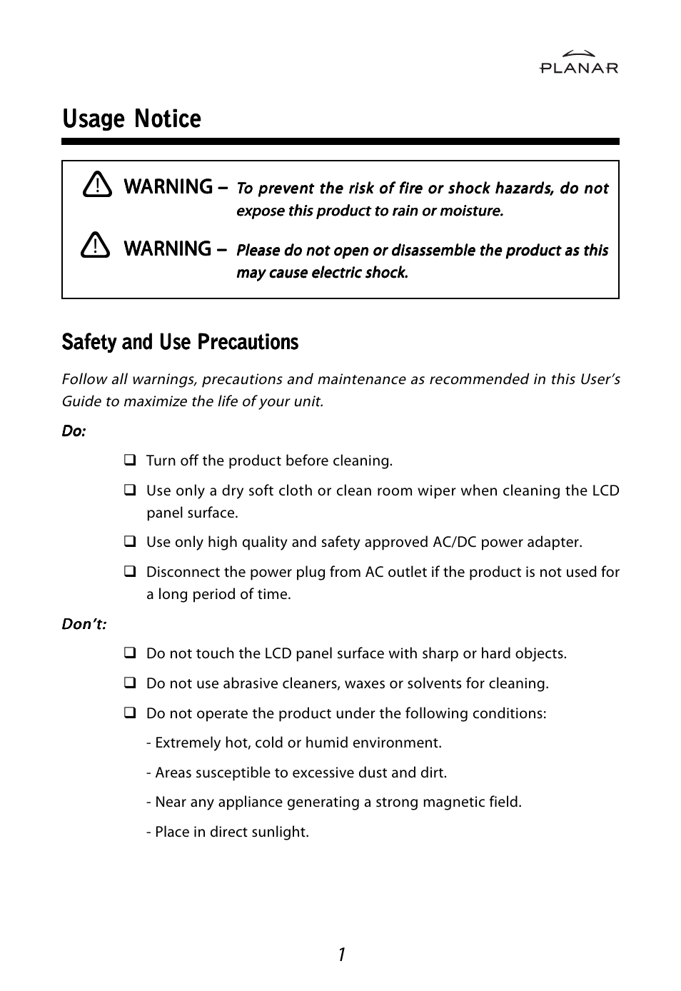 Usage notice | Planar LA1710RTR User Manual | Page 4 / 26