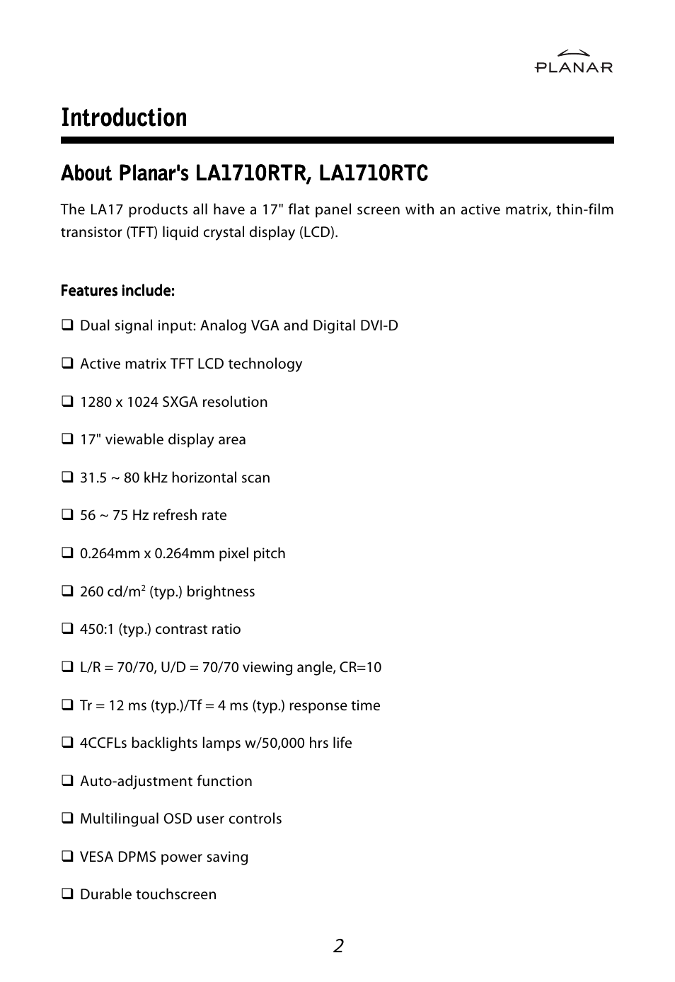 Introduction | Planar LA1710RTR User Manual | Page 5 / 26