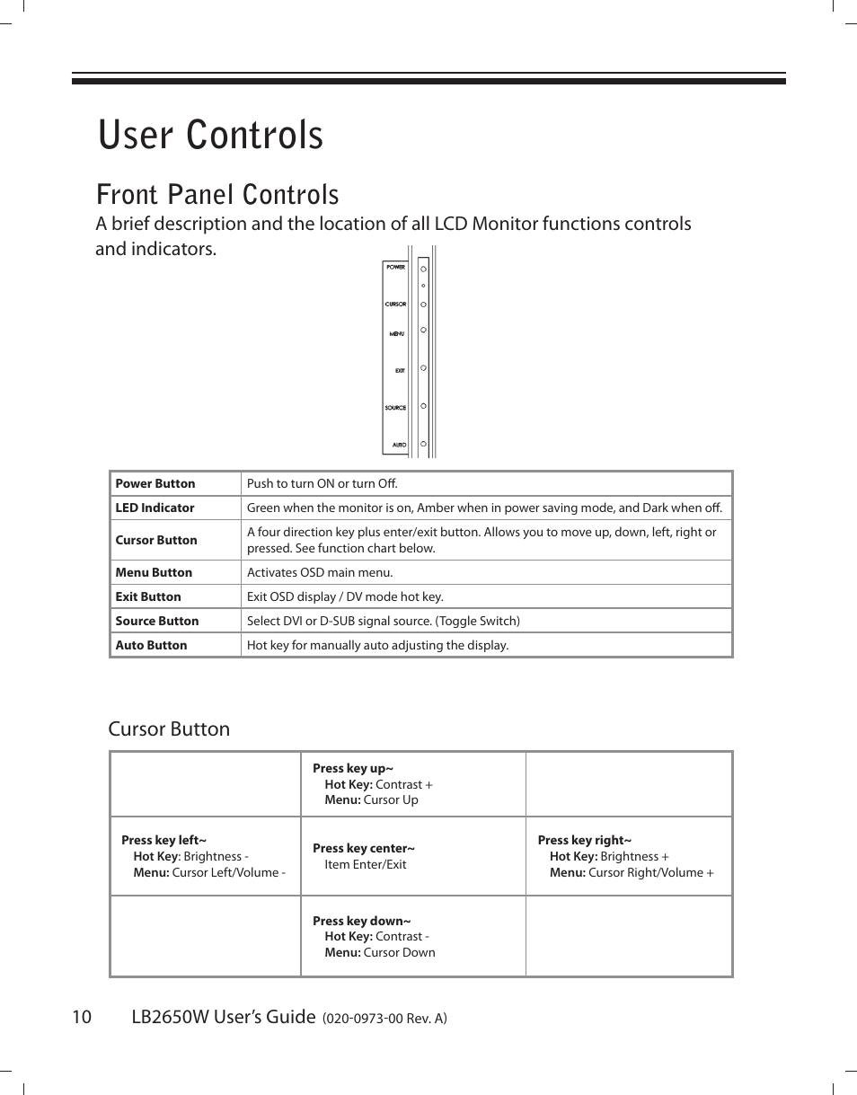 User controls, Front panel controls, Cursor button | Planar LB2650W User Manual | Page 10 / 22