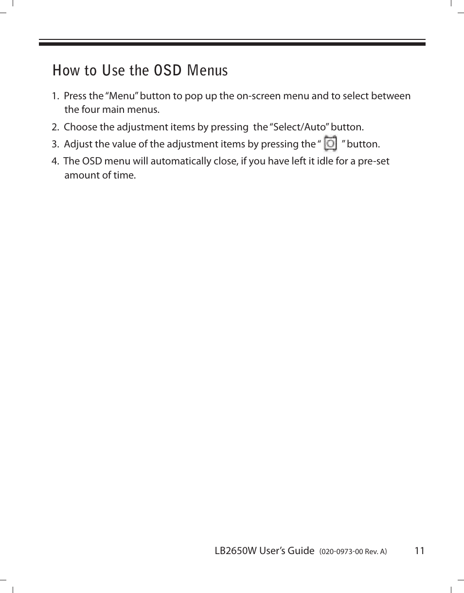 How to use the osd menus | Planar LB2650W User Manual | Page 11 / 22