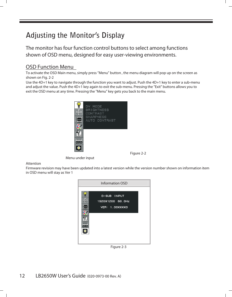 Adjusting the monitor’s display, Osd function menu | Planar LB2650W User Manual | Page 12 / 22