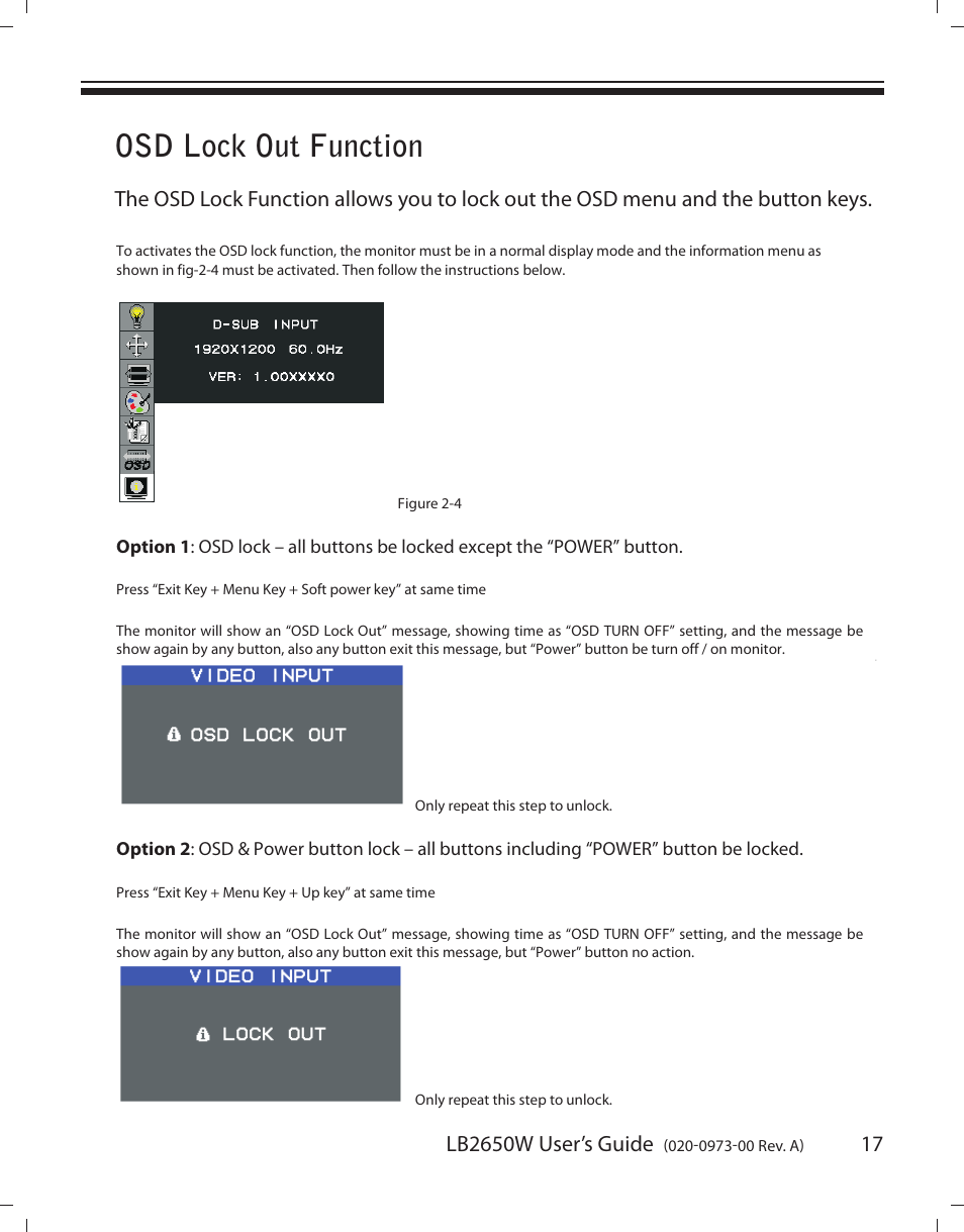 Osd lock out function, Lb2650w user’s guide | Planar LB2650W User Manual | Page 17 / 22