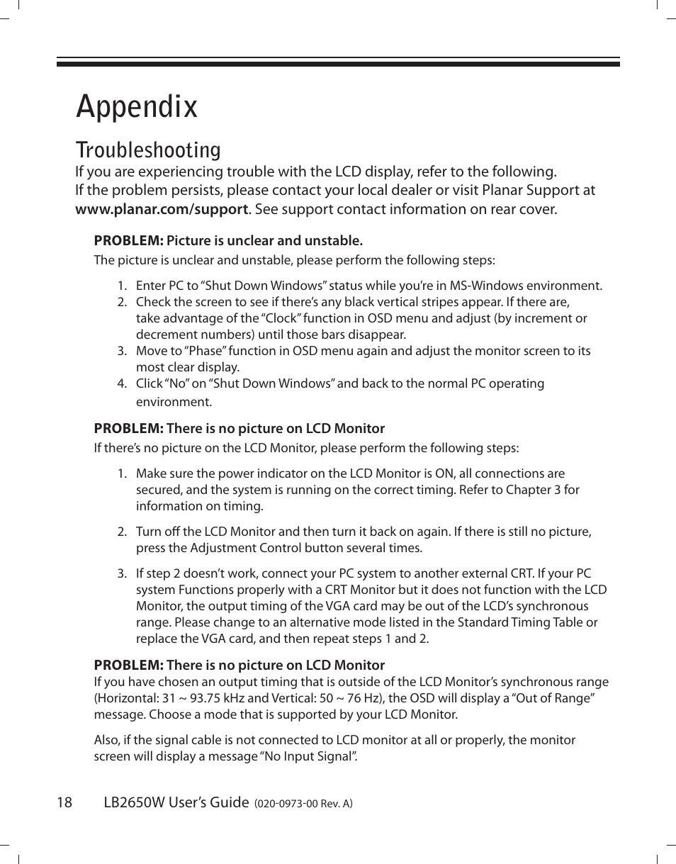 Appendix, Troubleshooting | Planar LB2650W User Manual | Page 18 / 22