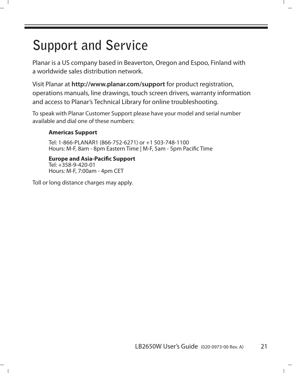 Support and service | Planar LB2650W User Manual | Page 21 / 22