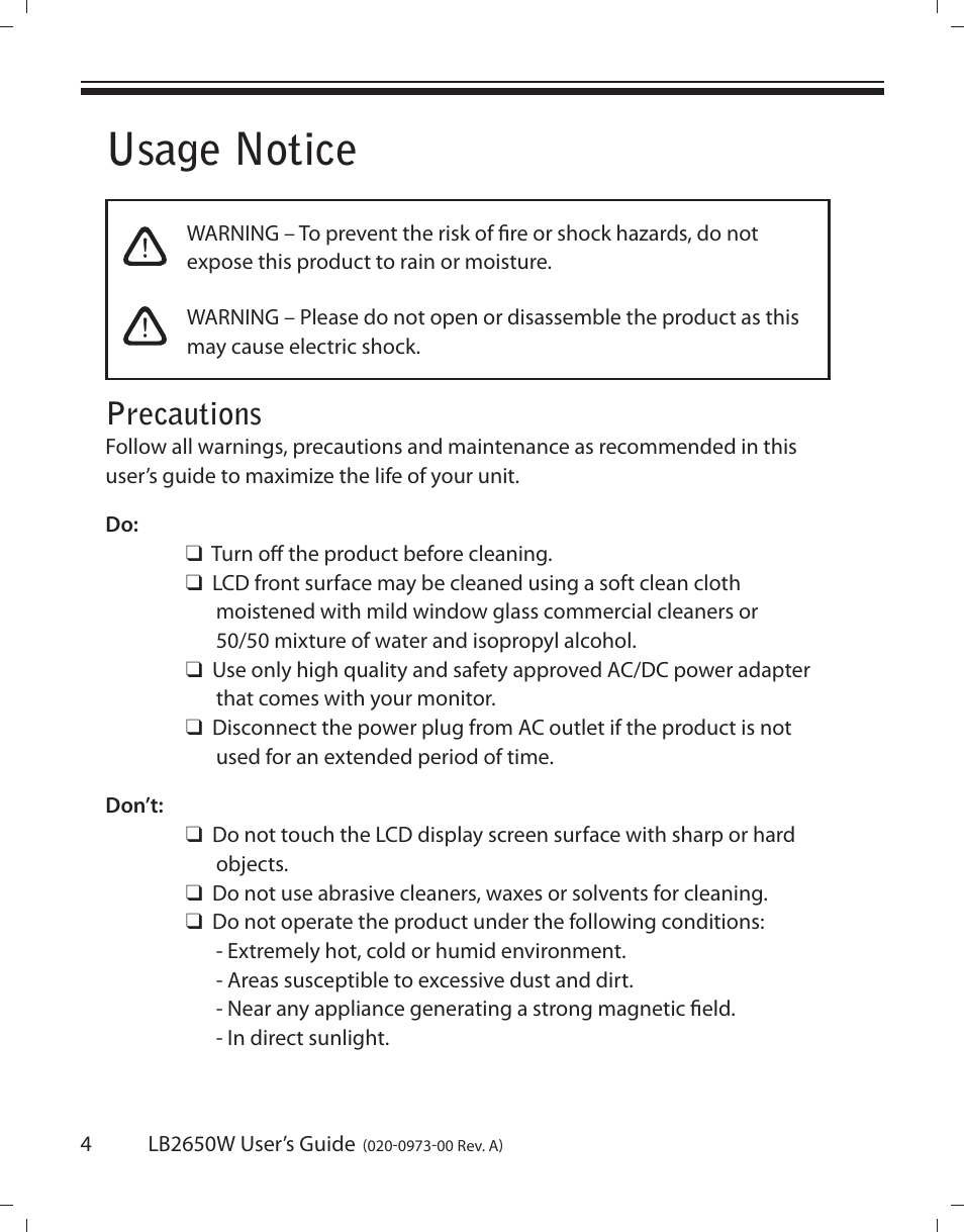 Usage notice, Precautions | Planar LB2650W User Manual | Page 4 / 22