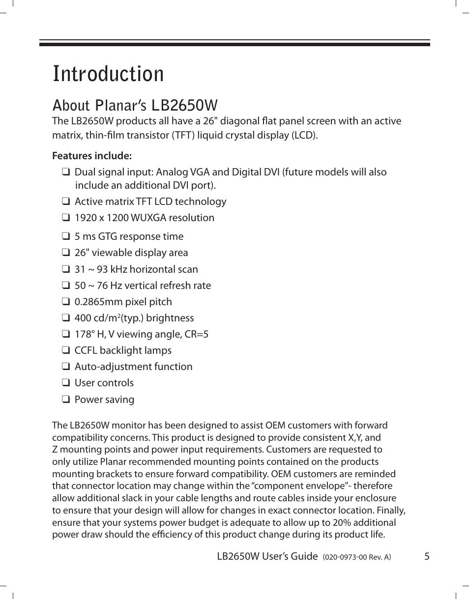 Introduction, About planar’s lb2650w | Planar LB2650W User Manual | Page 5 / 22