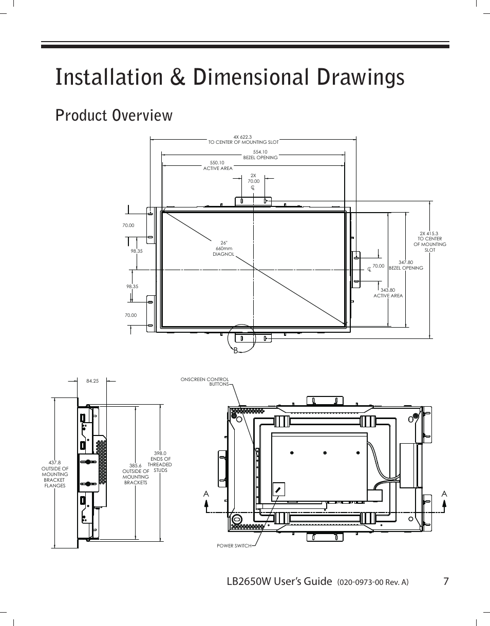 Installation & dimensional drawings, Product overview, Lb2650w user’s guide | Planar LB2650W User Manual | Page 7 / 22