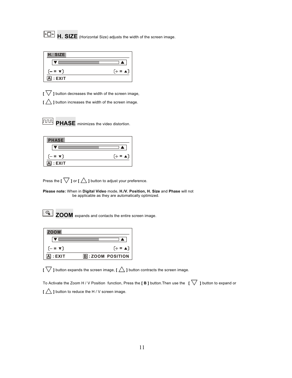 11 h. size, Phase, Zoom | Planar PL201M User Manual | Page 12 / 21