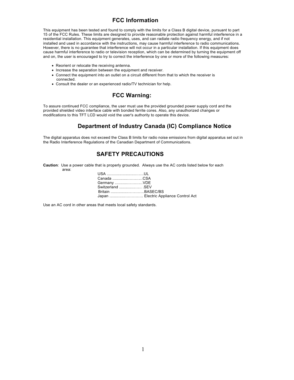 1 fcc information, Fcc warning, Safety precautions | Planar PL201M User Manual | Page 2 / 21