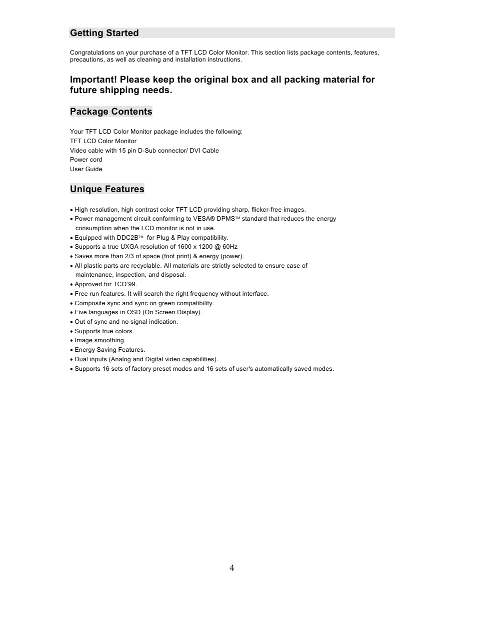 4 getting started, Unique features | Planar PL201M User Manual | Page 5 / 21