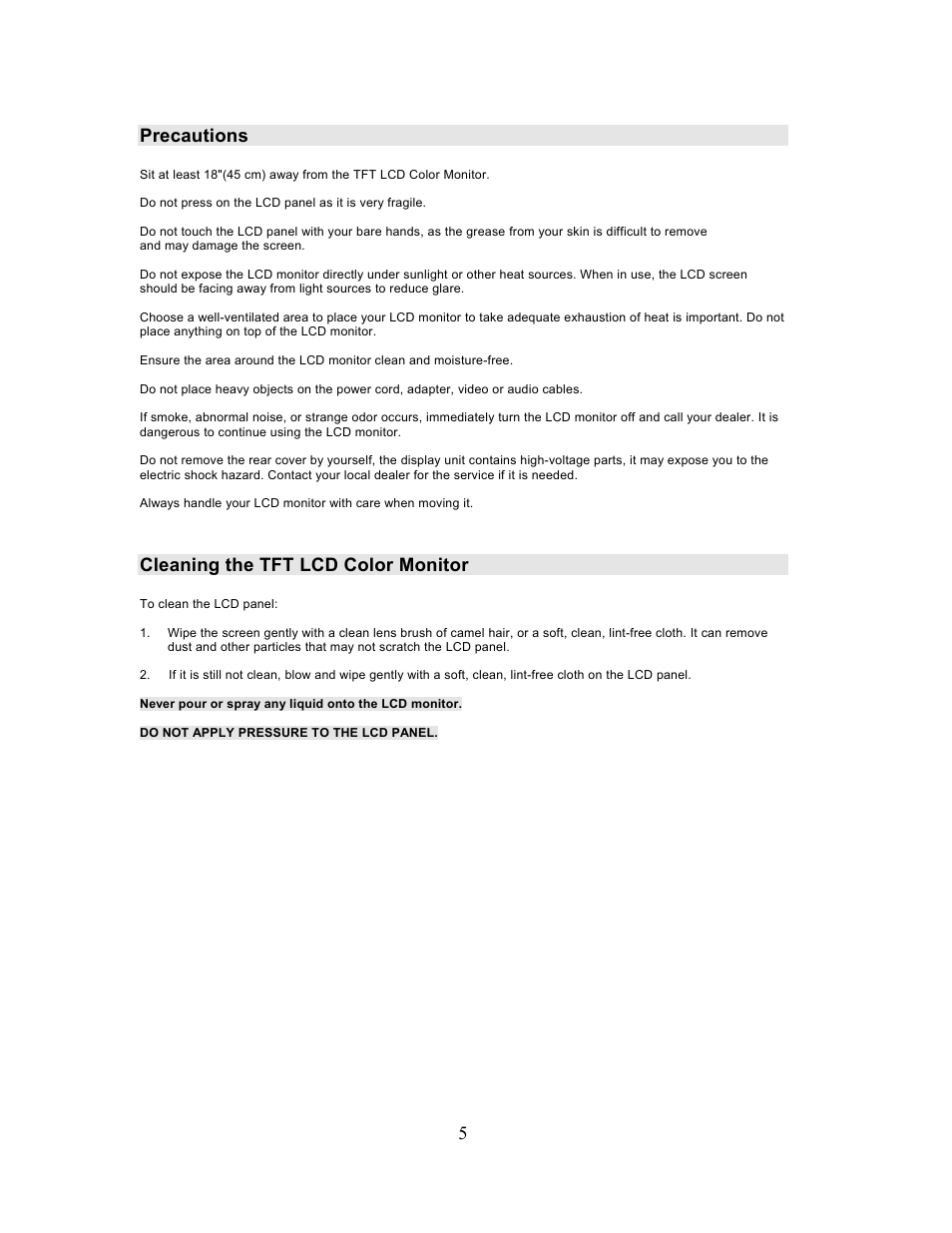 Precautions, Cleaning the tft lcd color monitor | Planar PL201M User Manual | Page 6 / 21