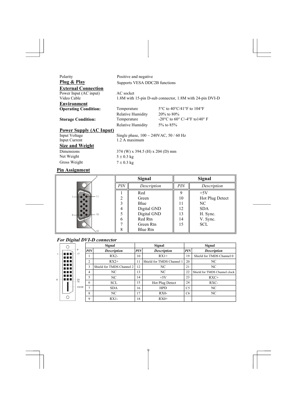 Plug & play, External connection, Environment | Power supply (ac input), Size and weight, Pin assignment signal signal, For digital dvi-d connector | Planar PE171 User Manual | Page 10 / 13