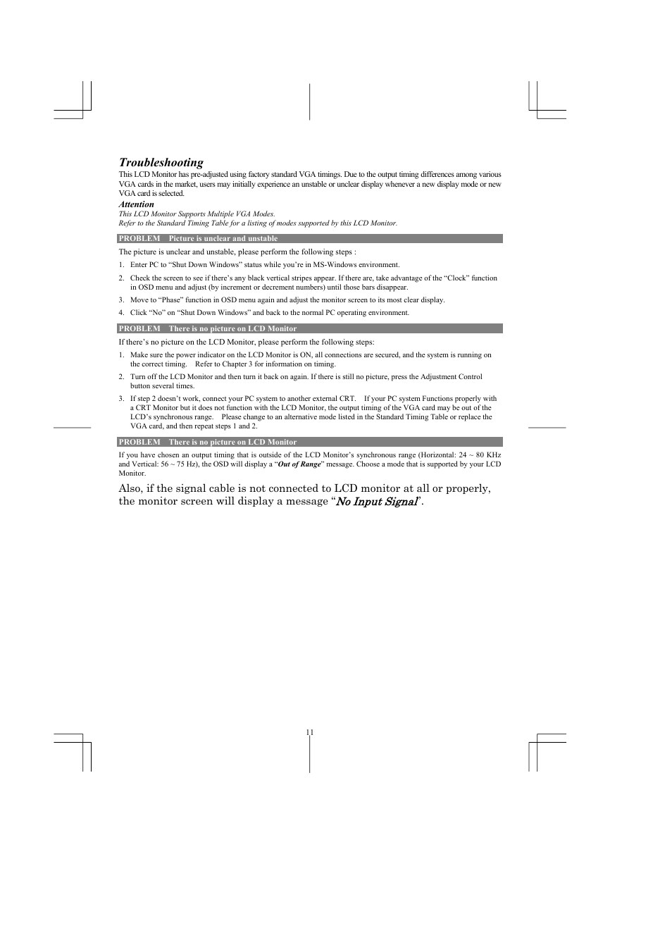 Troubleshooting, No input signal | Planar PE171 User Manual | Page 12 / 13