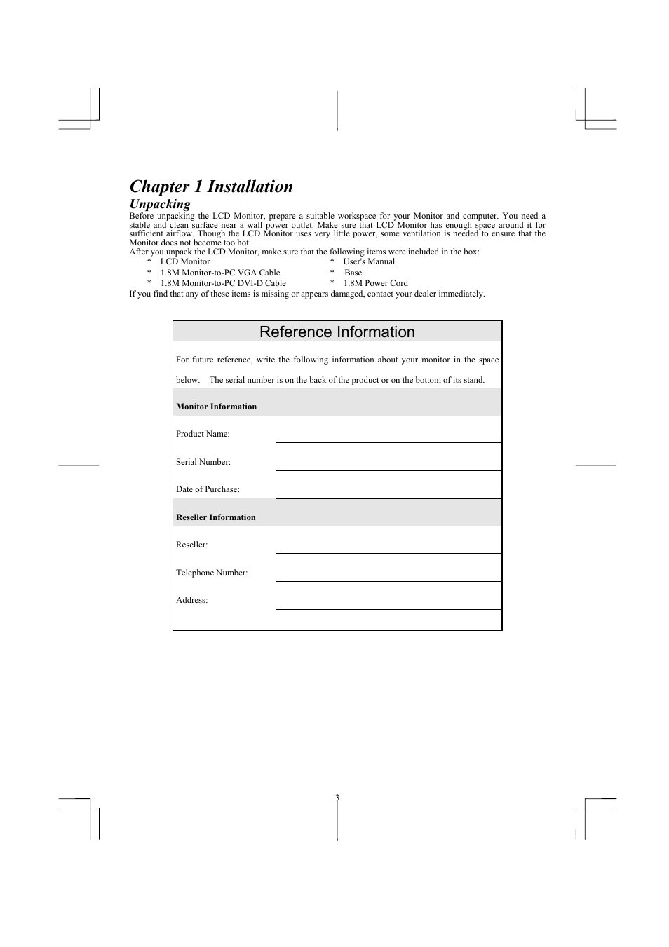 Chapter 1 installation, Reference information, Unpacking | Planar PE171 User Manual | Page 4 / 13