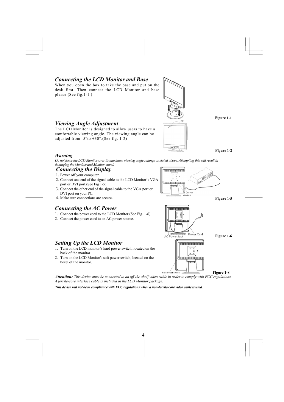 Connecting the lcd monitor and base, Viewing angle adjustment, Connecting the display | Connecting the ac power, Setting up the lcd monitor | Planar PE171 User Manual | Page 5 / 13