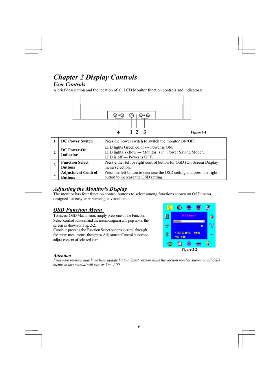 Chapter 2 display controls, User controls, Adjusting the monitor's display | Osd function menu | Planar PE171 User Manual | Page 7 / 13