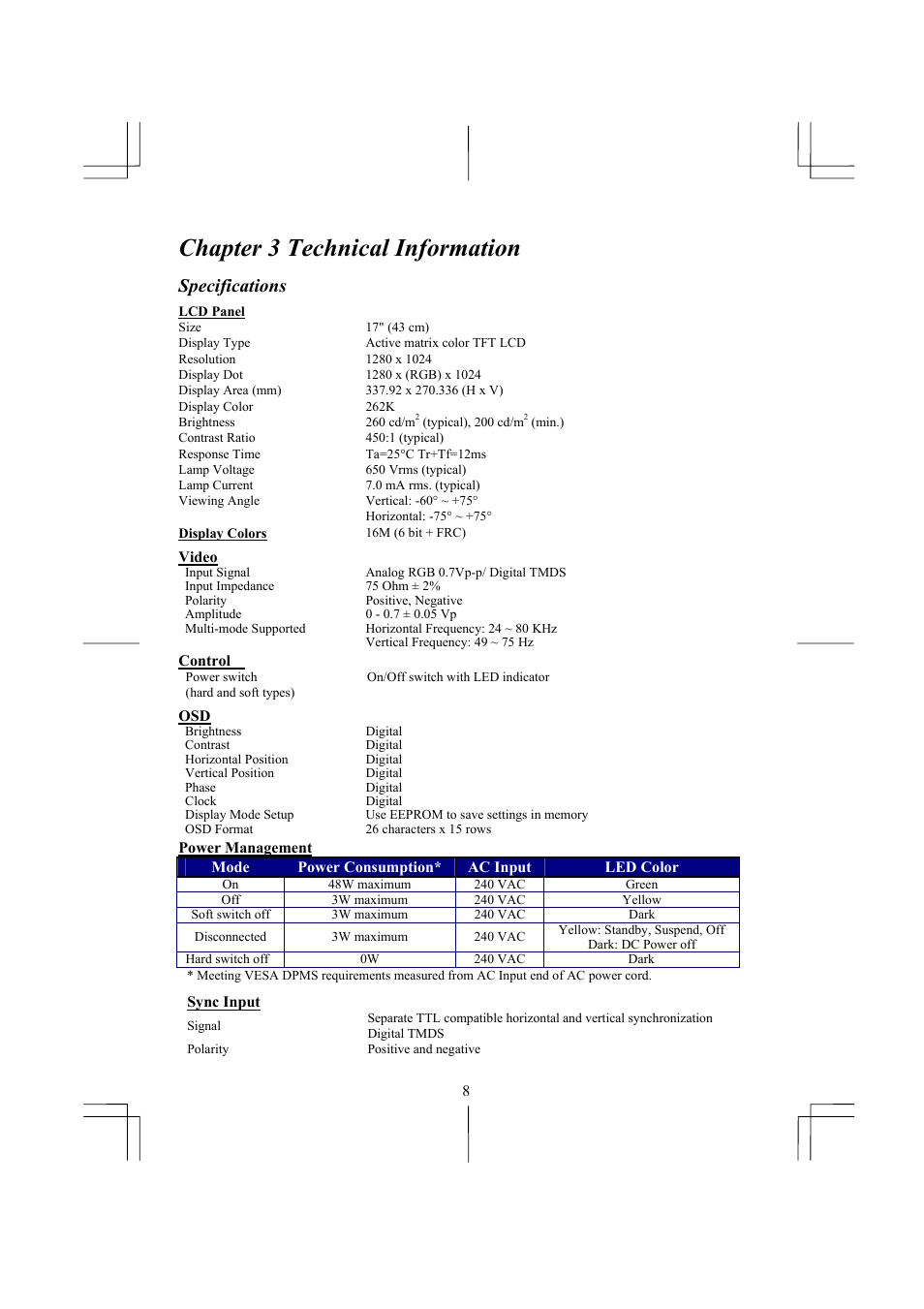 Chapter 3 technical information, Specifications | Planar PE171 User Manual | Page 9 / 13