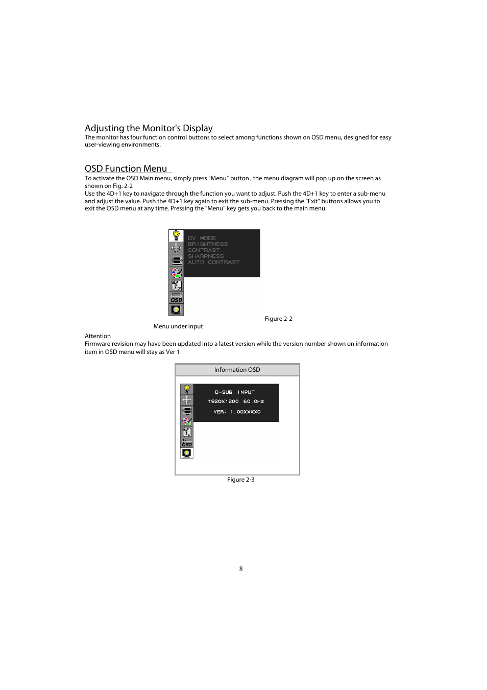 Adjusting the monitor's display, Osd function menu | Planar PX2611W User Manual | Page 10 / 21