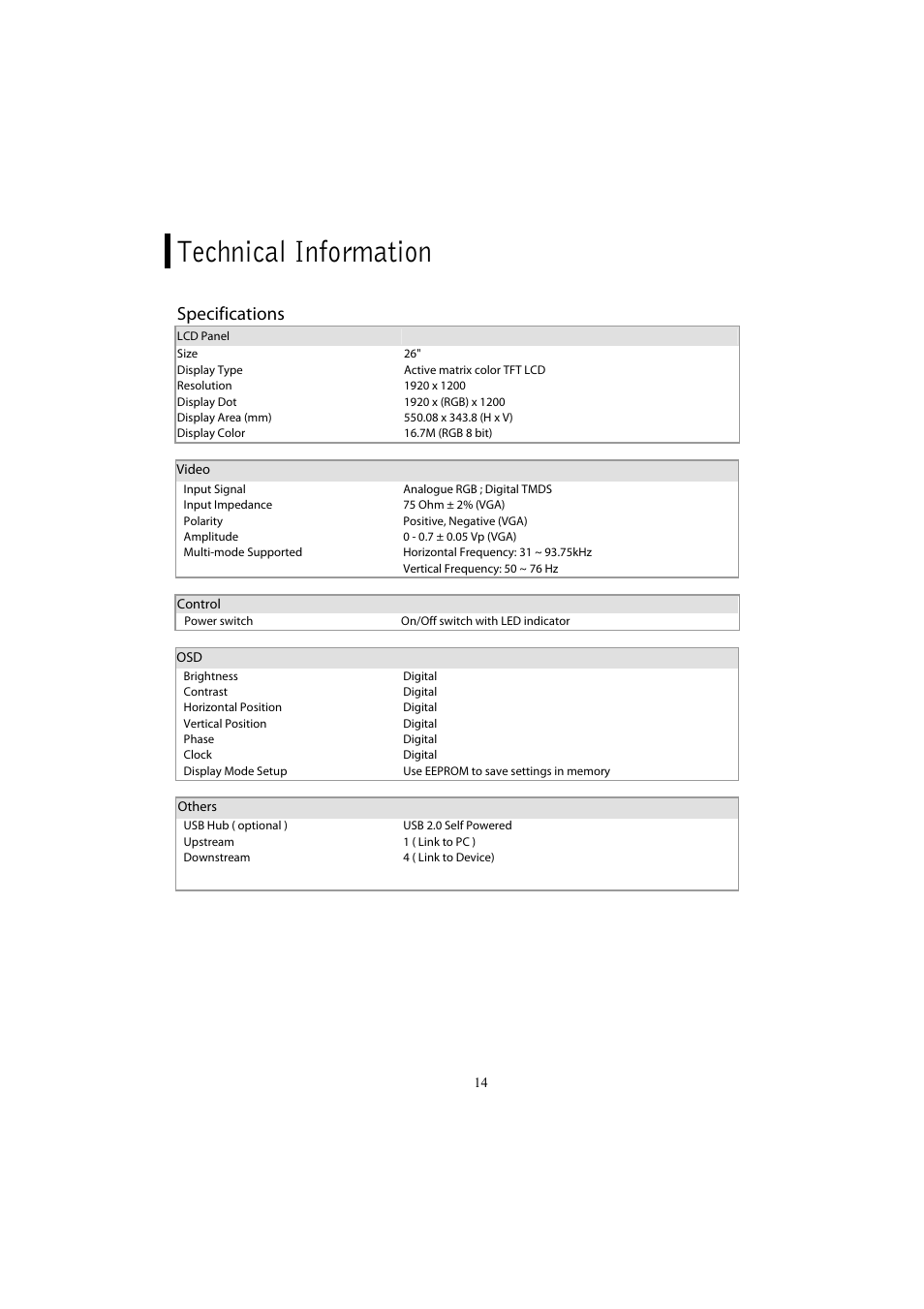 Technical information, Specifications | Planar PX2611W User Manual | Page 16 / 21