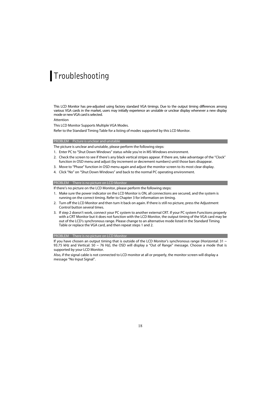 Troubleshooting | Planar PX2611W User Manual | Page 20 / 21