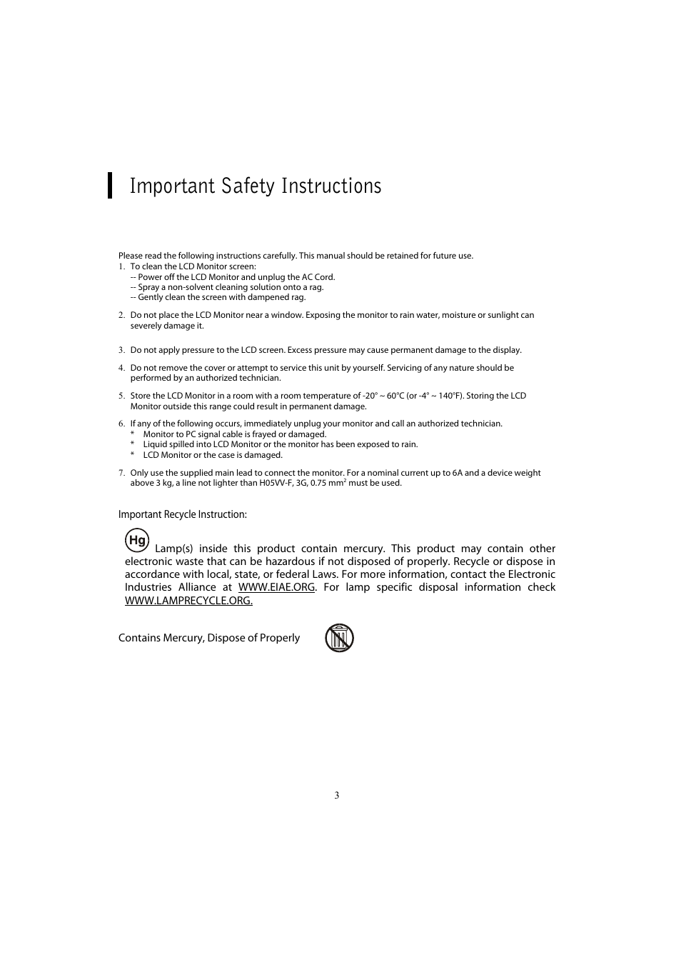 Important safety instructions | Planar PX2611W User Manual | Page 5 / 21