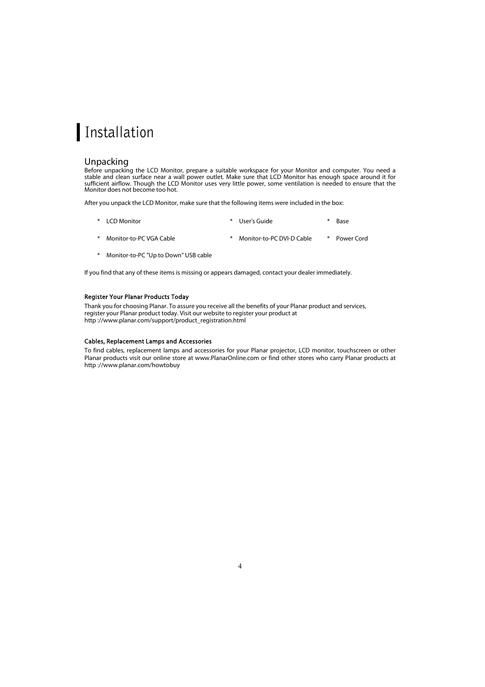 Installation, Unpacking | Planar PX2611W User Manual | Page 6 / 21