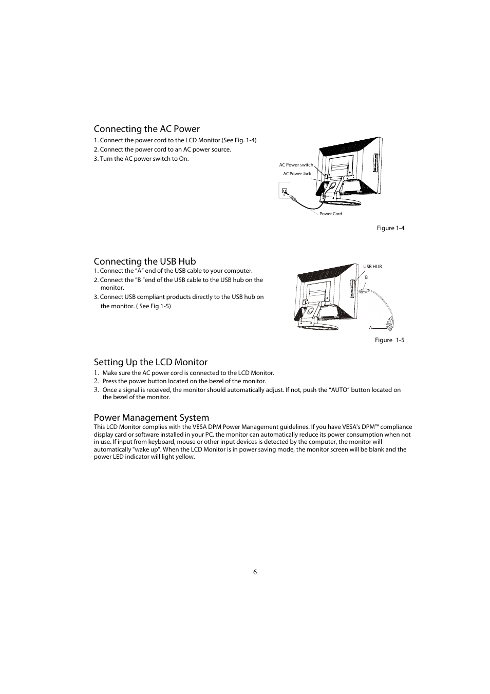 Connecting the ac power, Connecting the usb hub, Setting up the lcd monitor | Power management system | Planar PX2611W User Manual | Page 8 / 21