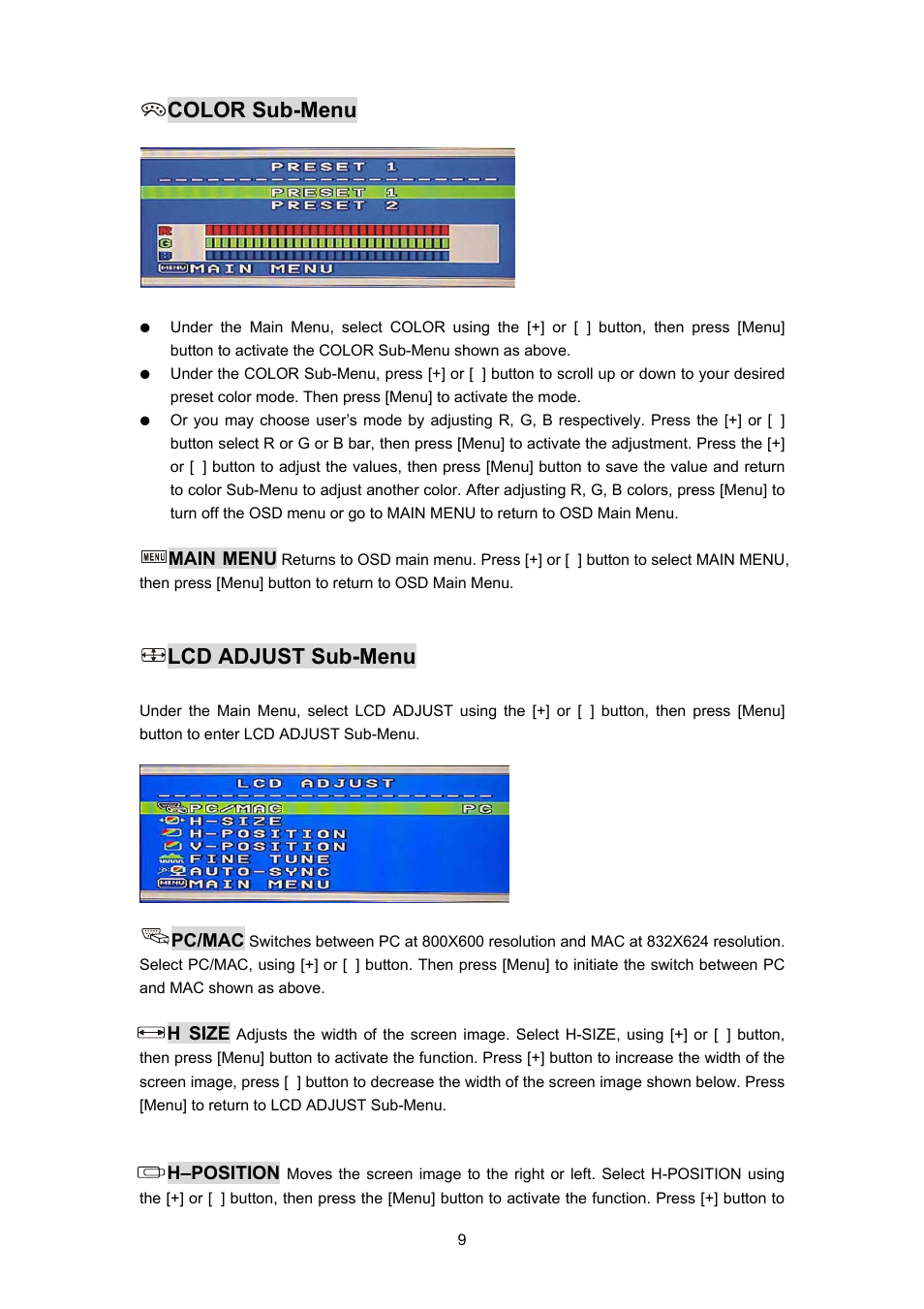 Color sub-menu, Lcd adjust sub-menu | Planar PL170 User Manual | Page 10 / 16